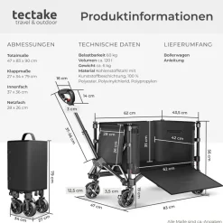 tectake® Bollerwagen, faltbar, abnehmbare Plane aus Oxford-Gewebe mit großer Netztasche und Innenfach, Inklusive Einlegeboden, Reflektorstreifen, Belastbarkeit 60 kg
