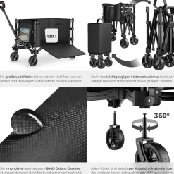 tectake® Bollerwagen, faltbar, abnehmbare Plane aus Oxford-Gewebe mit großer Netztasche und Innenfach, Inklusive Einlegeboden, Reflektorstreifen, Belastbarkeit 60 kg
