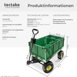 tectake® Bollerwagen, mit klappbaren Seitenwänden, leichtgängige Lenkachse mit gepolstertem Griff, Belastbarkeit 550 kg