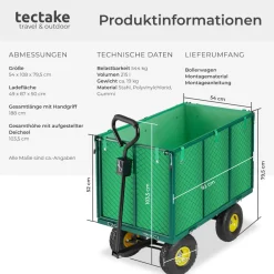 tectake® Bollerwagen, mit klappbaren Seitenwänden, leichtgängige Lenkachse mit gepolstertem Griff, Belastbarkeit 544 kg