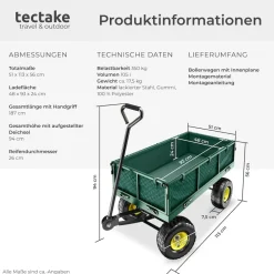 tectake® Bollerwagen, mit klappbaren Seitenwänden, leichtgängige Lenkachse mit gepolstertem Griff, Belastbarkeit 350 kg