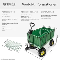 tectake® Bollerwagen, mit klappbaren Seitenwänden, leichtgängige Lenkachse mit gepolstertem Griff, Belastbarkeit 550 kg