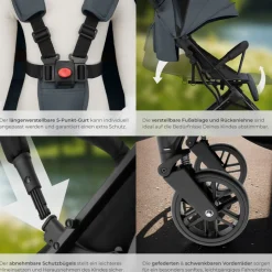 tectake® Buggy-Kinderwagen, Einhand-Klappmechanismus, mit 5-Punkt-Gurt, Feststellbremse, Schutzbügel, pulverbeschichtetes Stahlgestell und pflegeleichter Stoffbezug, für 0 bis 36 Monate geeignet, Belastbarkeit 15 kg