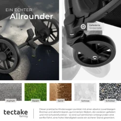 tectake® Buggy-Kinderwagen, Einhand-Klappmechanismus, mit 5-Punkt-Gurt, Feststellbremse, Schutzbügel, pulverbeschichtetes Stahlgestell und pflegeleichter Stoffbezug, für 0 bis 36 Monate geeignet, Belastbarkeit 15 kg