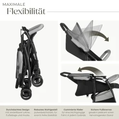 tectake® Buggy-Kinderwagen, klappbar, mit 5-Punkt-Gurt, Bremse und Schutzbügel, pulverbeschichtetes Stahlgestell und pflegeleichter Polyesterbezug, für 0 bis 36 Monate geeignet, Belastbarkeit 15 kg