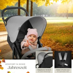 tectake® Buggy-Kinderwagen, klappbar, mit 5-Punkt-Gurt, Bremse und Schutzbügel, pulverbeschichtetes Stahlgestell und pflegeleichter Polyesterbezug, für 0 bis 36 Monate geeignet, Belastbarkeit 15 kg
