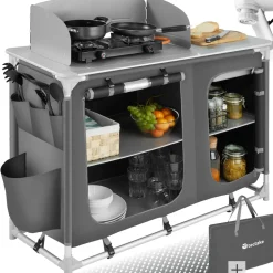 tectake® Campingküche Luxus mit Aluminiumgestell und 4 Fächern, faltbar, mit viel Stauraum, Windschutz und Spülbecken, 116 x 52 x 107 cm