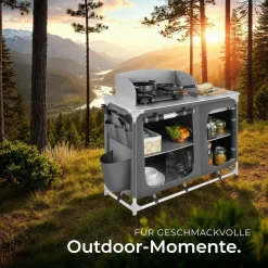 tectake® Campingküche Luxus mit Aluminiumgestell und 4 Fächern, faltbar, mit viel Stauraum, Windschutz und Spülbecken, 116 x 52 x 107 cm