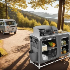tectake® Campingküche Luxus mit Aluminiumgestell und 4 Fächern, faltbar, mit viel Stauraum, Windschutz und Spülbecken, 116 x 52 x 107 cm