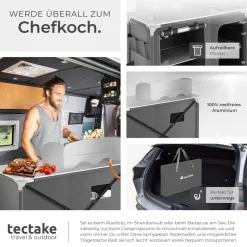 tectake® Campingküche Luxus mit Aluminiumgestell und 4 Fächern, faltbar, mit viel Stauraum, Windschutz und Spülbecken, 116 x 52 x 107 cm