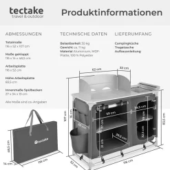 tectake® Campingküche Luxus mit Aluminiumgestell und 4 Fächern, faltbar, mit viel Stauraum, Windschutz und Spülbecken, 116 x 52 x 107 cm