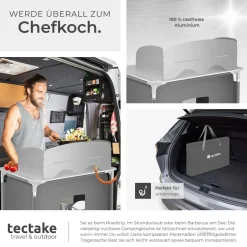 tectake® Campingküche Premium mit Aluminiumgestell und 2 Fächern, faltbar, mit 2 großen Fächern und Windschutz, 76 x 53,5 x 107 cm