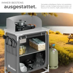 tectake® Campingküche Premium mit Aluminiumgestell und 2 Fächern, faltbar, mit 2 großen Fächern und Windschutz, 76 x 53,5 x 107 cm
