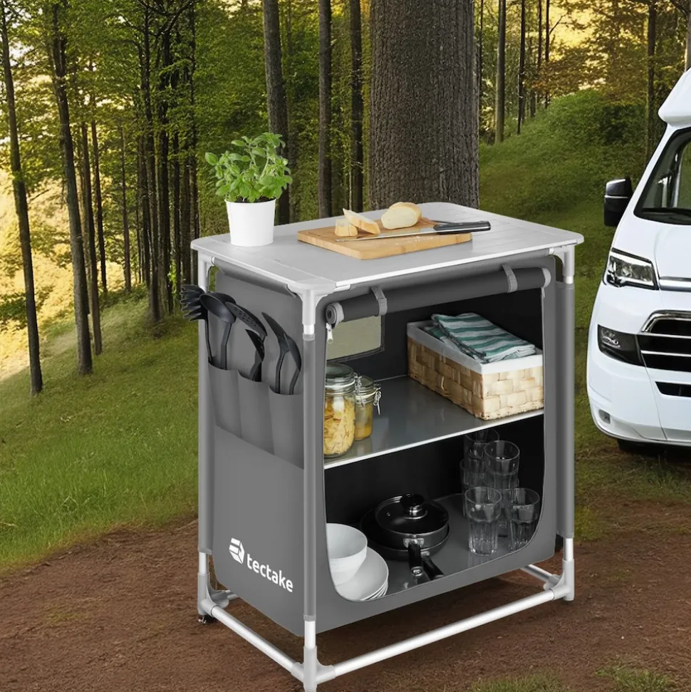 tectake® Campingküche Premium mit Aluminiumgestell und 2 Fächern, faltbar, mit 2 großen Fächern und Windschutz, 76 x 53,5 x 107 cm
