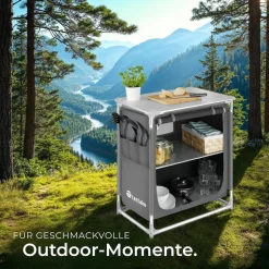 tectake® Campingküche Premium mit Aluminiumgestell und 2 Fächern, faltbar, mit 2 großen Fächern und Windschutz, 76 x 53,5 x 107 cm