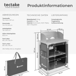 tectake® Campingküche Premium mit Aluminiumgestell und 2 Fächern, faltbar, mit 2 großen Fächern und Windschutz, 76 x 53,5 x 107 cm