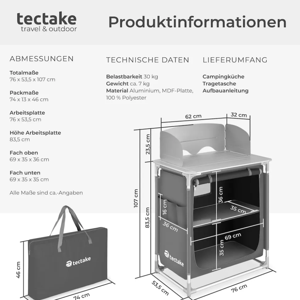 tectake® Campingküche Premium mit Aluminiumgestell und 2 Fächern, faltbar, mit 2 großen Fächern und Windschutz, 76 x 53,5 x 107 cm