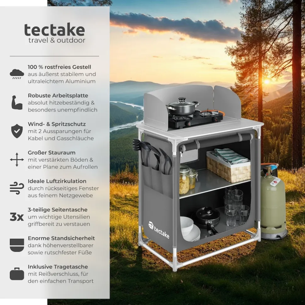 tectake® Campingküche Premium mit Aluminiumgestell und 2 Fächern, faltbar, mit 2 großen Fächern und Windschutz, 76 x 53,5 x 107 cm