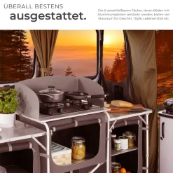 tectake® Campingküche XXL mit Aluminiumgestell und 5 Fächern, faltbar, mit großem Stauraum und Windschutz, 172 x 52 x 104 cm