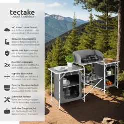 tectake® Campingküche XXL mit Aluminiumgestell und 5 Fächern, faltbar, mit großem Stauraum und Windschutz, 172 x 52 x 104 cm