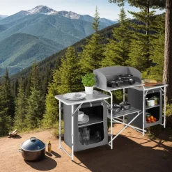 tectake® Campingküche XXL mit Aluminiumgestell und 5 Fächern, faltbar, mit großem Stauraum und Windschutz, 172 x 52 x 104 cm