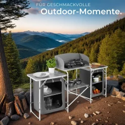 tectake® Campingküche XXL mit Aluminiumgestell und 5 Fächern, faltbar, mit großem Stauraum und Windschutz, 172 x 52 x 104 cm