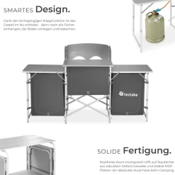 tectake® Campingküche XXL mit Aluminiumgestell und 5 Fächern, faltbar, mit großem Stauraum und Windschutz, 172 x 52 x 104 cm