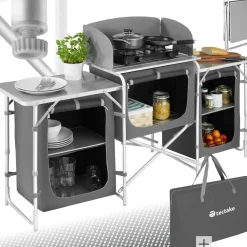 tectake® Campingküche XXL mit Aluminiumgestell und 5 Fächern, faltbar, mit großem Stauraum und Windschutz, 172 x 52 x 104 cm