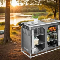 tectake® Campingschrank Deluxe mit Aluminiumgestell und 6 Fächern, faltbar, Stauraum mit 6 Fächern, 97 x 47,5 x 78 cm
