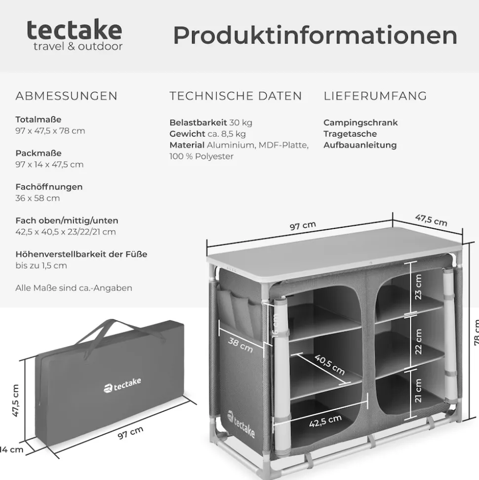 tectake® Campingschrank Deluxe mit Aluminiumgestell und 6 Fächern, faltbar, Stauraum mit 6 Fächern, 97 x 47,5 x 78 cm