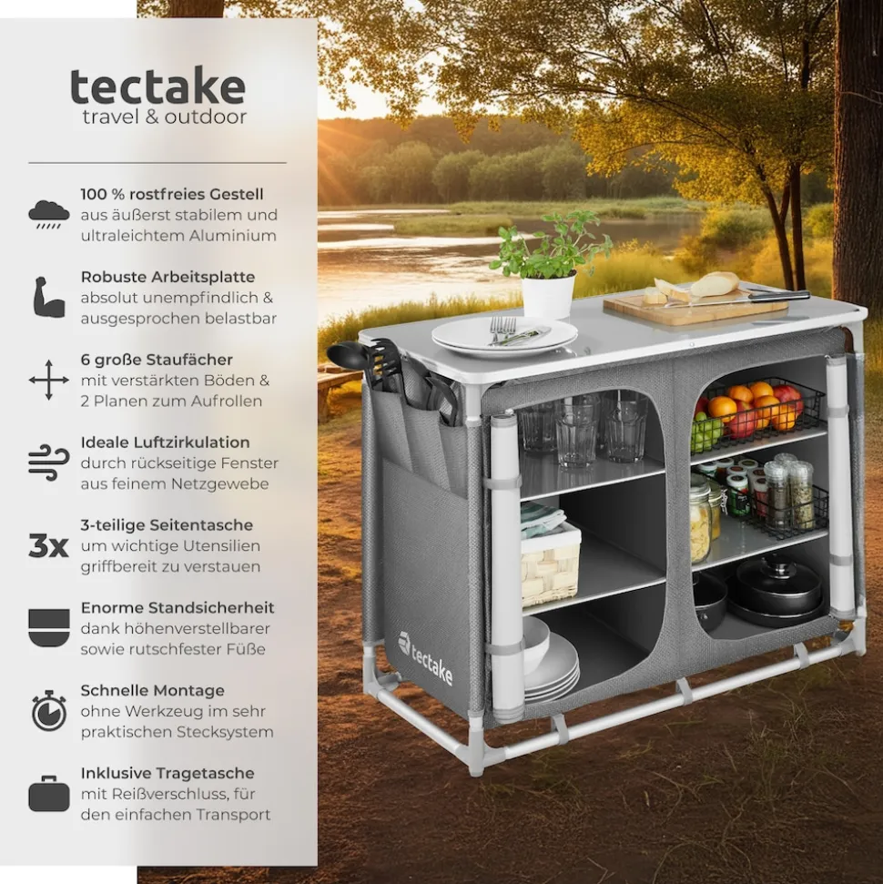 tectake® Campingschrank Deluxe mit Aluminiumgestell und 6 Fächern, faltbar, Stauraum mit 6 Fächern, 97 x 47,5 x 78 cm