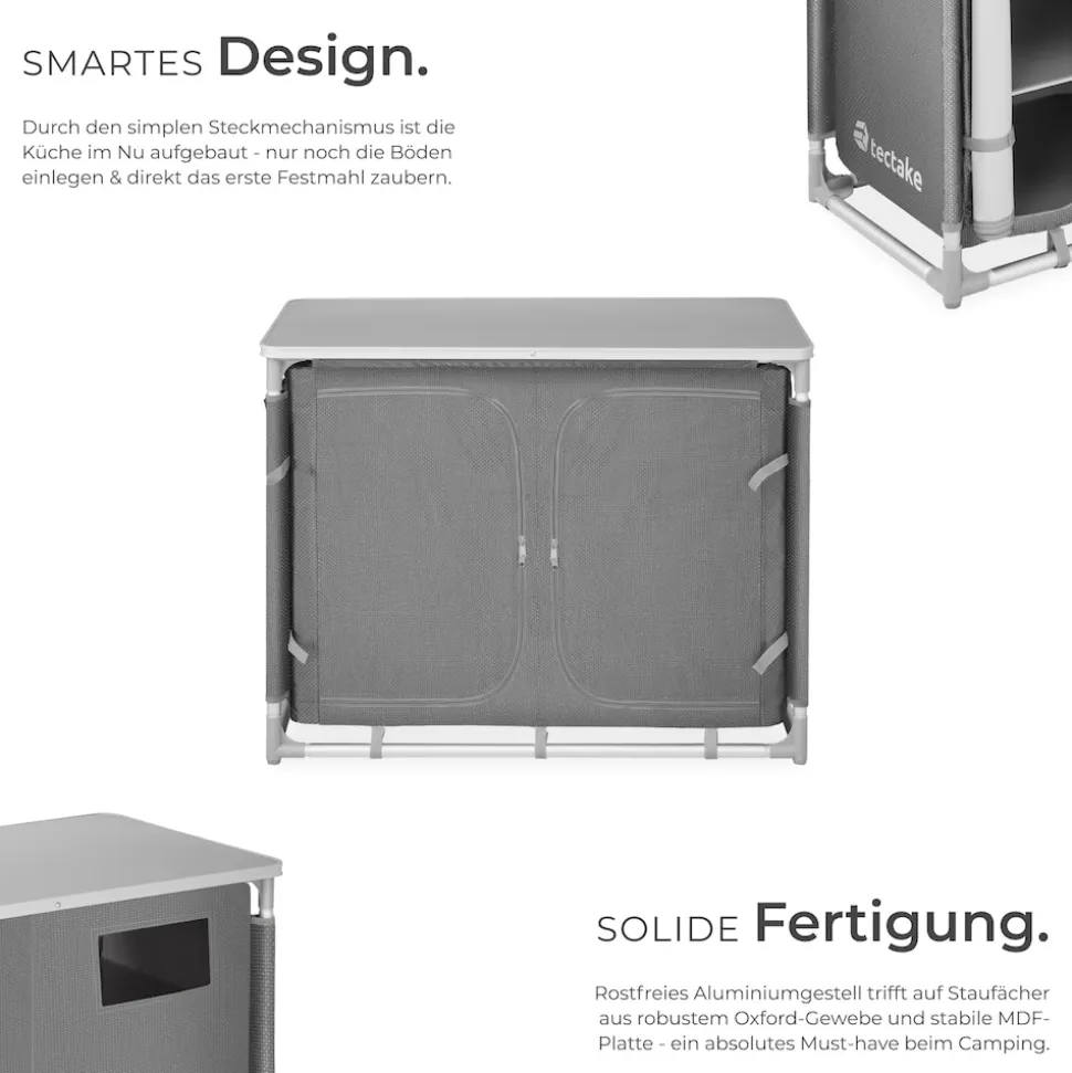 tectake® Campingschrank Deluxe mit Aluminiumgestell und 6 Fächern, faltbar, Stauraum mit 6 Fächern, 97 x 47,5 x 78 cm