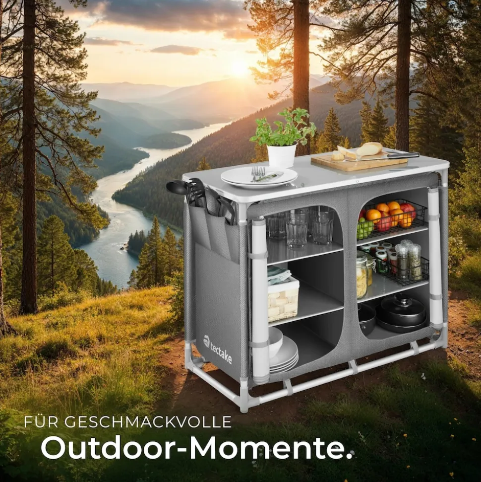 tectake® Campingschrank Deluxe mit Aluminiumgestell und 6 Fächern, faltbar, Stauraum mit 6 Fächern, 97 x 47,5 x 78 cm