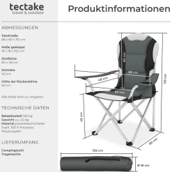 tectake® Campingstuhl, faltbar, gepolstert, geringes Gewicht, 60 x 88 x 110 cm