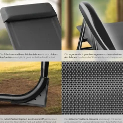 tectake® Campingstuhl, klappbar, 7-fach verstellbare Rückenlehne mit Kopfpolster, Belastbarkeit 120 kg, 57 x 65 x 112 cm