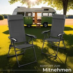 tectake® Campingstuhl, klappbar, 7-fach verstellbare Rückenlehne mit Kopfpolster, Belastbarkeit 120 kg, 57 x 65 x 112 cm