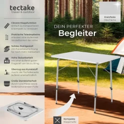 tectake® Campingtisch, klappbar, stufenlos höhenverstellbare Beine, 80 x 60 x 68 cm