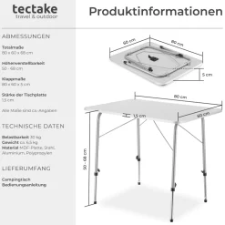 tectake® Campingtisch, klappbar, stufenlos höhenverstellbare Beine, 80 x 60 x 68 cm