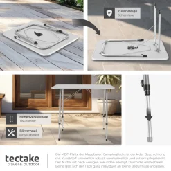 tectake® Campingtisch, klappbar, stufenlos höhenverstellbare Beine, 80 x 60 x 68 cm