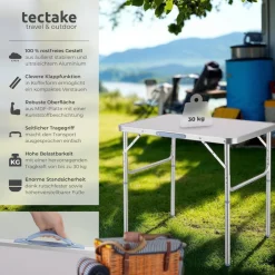 tectake® Campingtisch, klappbar, anschraubbare, höhenverstellbare Beine und Füße, 75 x 55 x 68 cm
