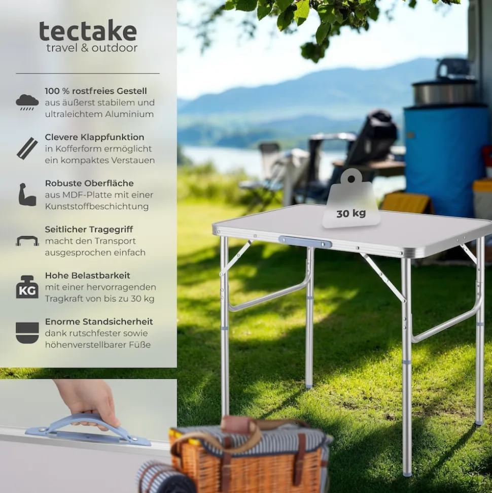 tectake® Campingtisch, klappbar, anschraubbare, höhenverstellbare Beine und Füße, 75 x 55 x 68 cm