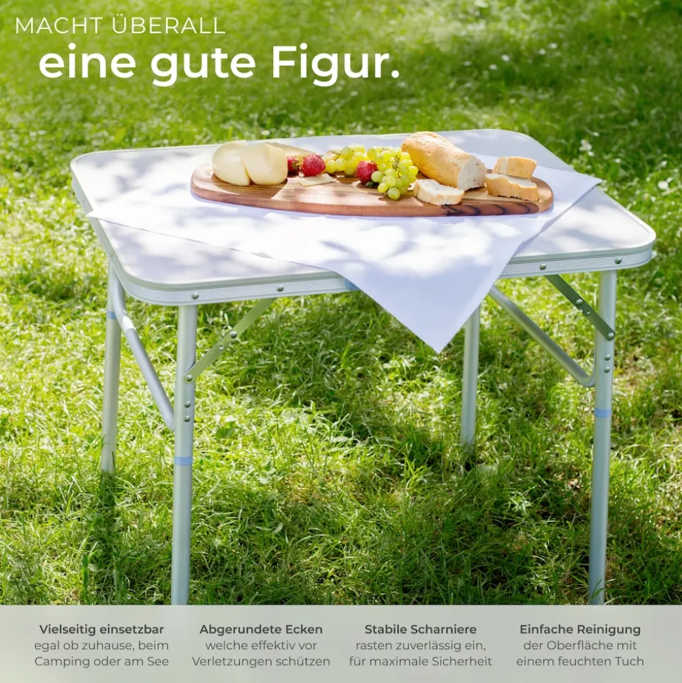 tectake® Campingtisch, klappbar, anschraubbare, höhenverstellbare Beine und Füße, 75 x 55 x 68 cm