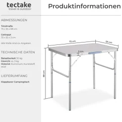 tectake® Campingtisch, klappbar, anschraubbare, höhenverstellbare Beine und Füße, 75 x 55 x 68 cm
