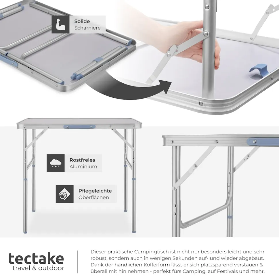 tectake® Campingtisch, klappbar, anschraubbare, höhenverstellbare Beine und Füße, 75 x 55 x 68 cm