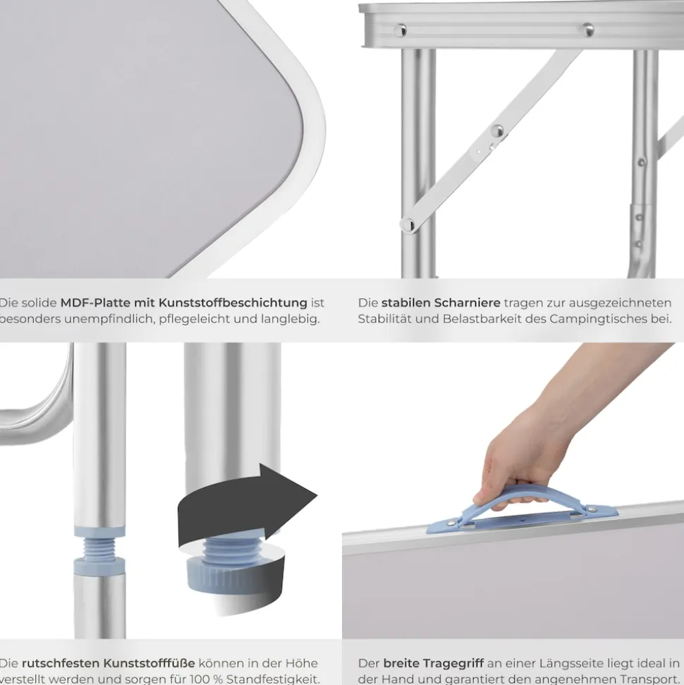 tectake® Campingtisch, klappbar, anschraubbare, höhenverstellbare Beine und Füße, 75 x 55 x 68 cm