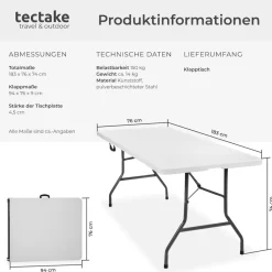 tectake® Campingtisch, klappbar, hohe Belastbarkeit, 183 x 76 x 74 cm