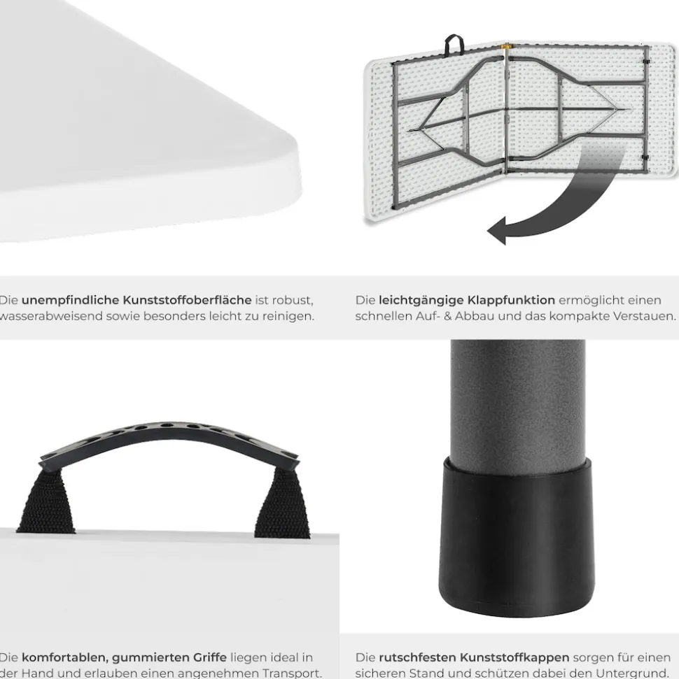 tectake® Campingtisch, klappbar, wetterfest, 120 kg Belastbarkeit, gummierter Tragegriff