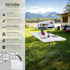 tectake® Campingtisch, klappbar, wetterfest, 120 kg Belastbarkeit, gummierter Tragegriff