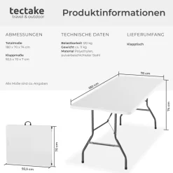 tectake® Campingtisch, klappbar, wetterfest, 120 kg Belastbarkeit, gummierter Tragegriff