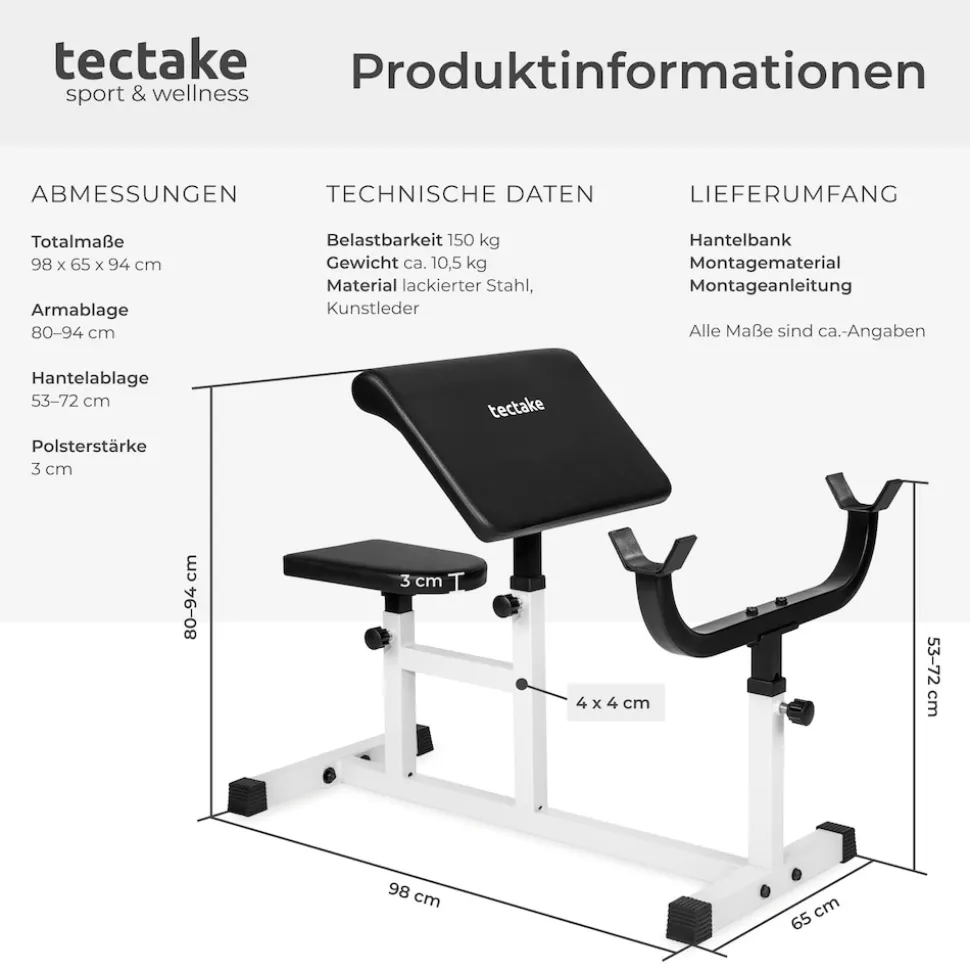 tectake® Curlbank, Hantelablage 5-fach höhenverstellbar, gepolstert mit Kunstlederbezug, rutschfest, 98 x 65 x 94 cm